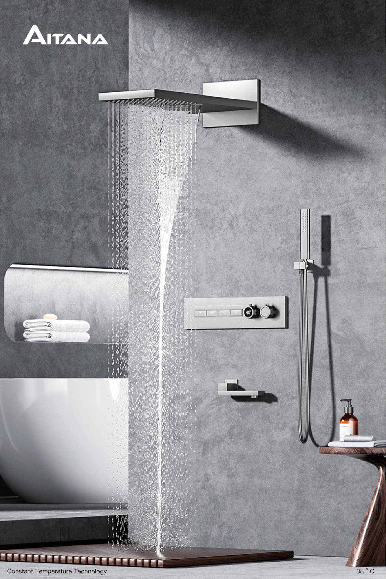 Luxury  black brass shower system wall-mounted LED digital display design Cold & hot dual-control 4-function ceiling shower Tap