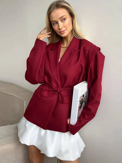 Lace Up Shoulder Pad Blazer Coat Women Elegant Turn-down Collar Long Sleeve Pockets Slim Fit Coats Chic Ladies Commute Outerwear
