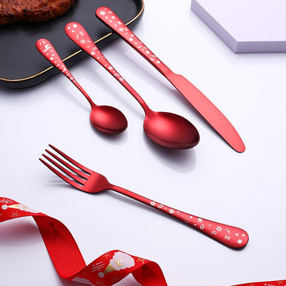 Conjunto de talheres de aço inoxidável com 4 peças Garfo, Faca e Colher com estampa de Flocos de Neve e Árvore de Natal