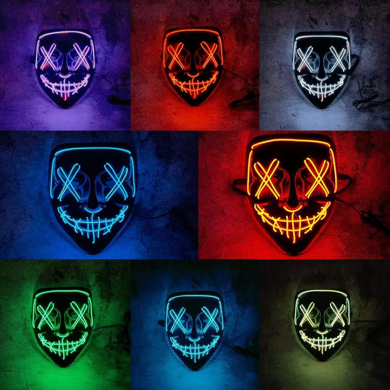 Wireless Neon LED Purge Mask Multi Glow Horror Face Cover Unisex Light Up Headgear For Halloween Masquerade Carnival Cosplay