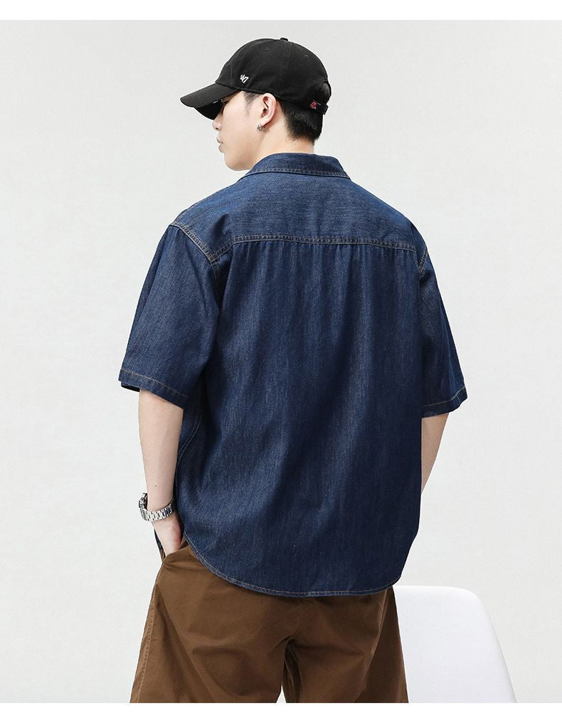 2025 Summer New Men's Casual Loose Shirt Polo Neck Short Sleeve Single Breasted Shirts Men's Vintage Solid Cargo Jeans  Tops