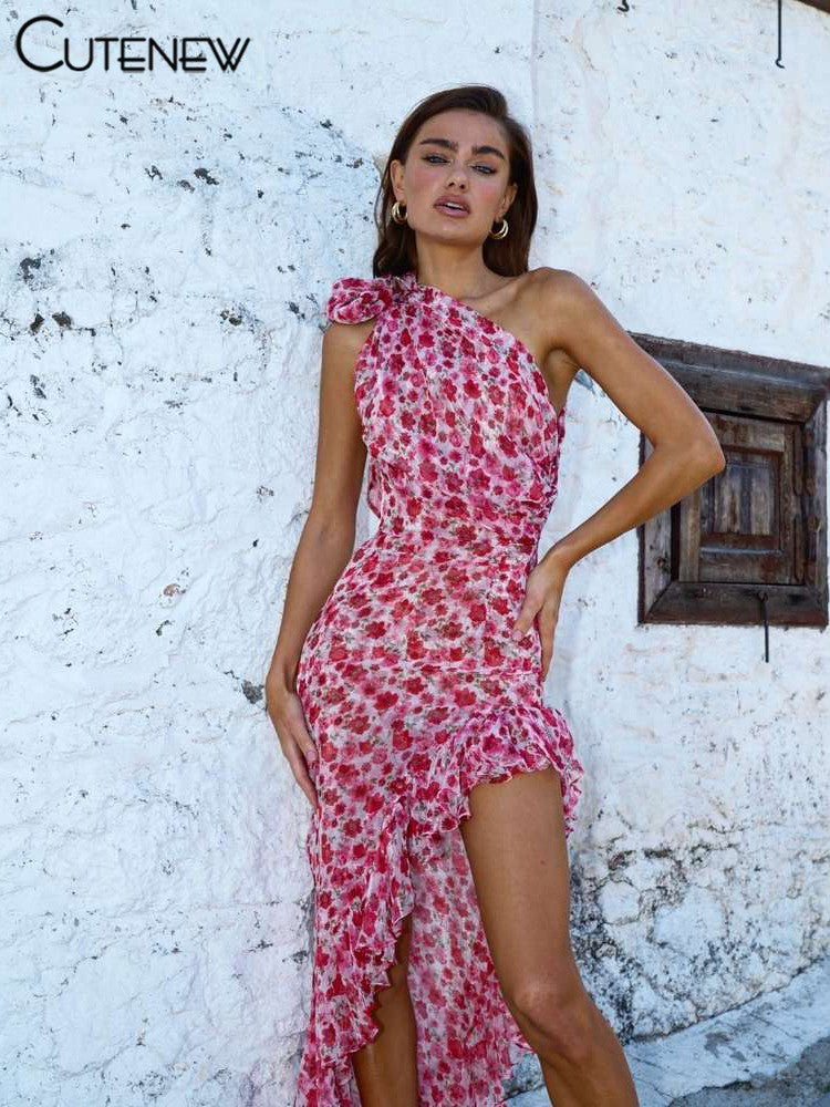 Cutenew Floral Print Women Midi Dresses Fashion Incline Shoulder Bandage Ruffle
