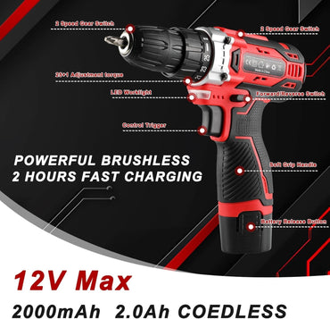 138 Pcs Power Tool Set with 12V Cordless Drill Home DIY Repairs Tool box for Repairs and Maintenance