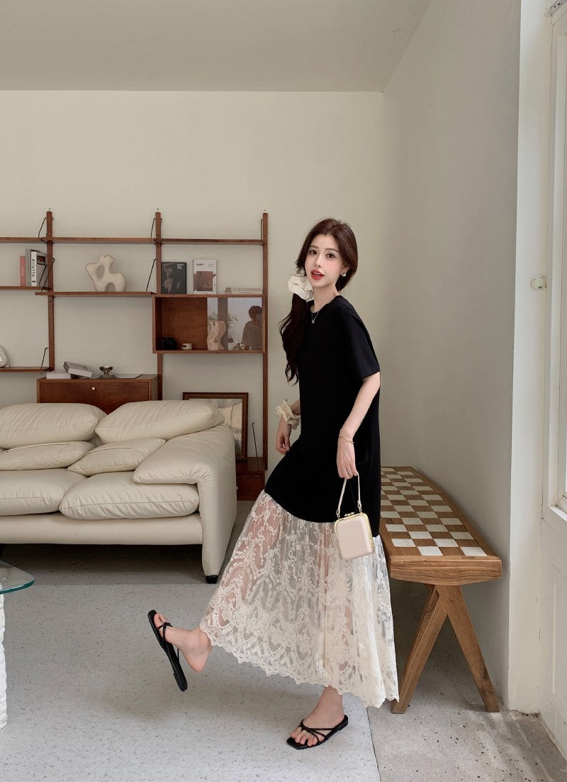 NYFS plus Size Women's Lave Patchwork Dress Summer 2025 Loose Long Dresses Robe Elbise Short Sleeve Korean Style Floral Hem