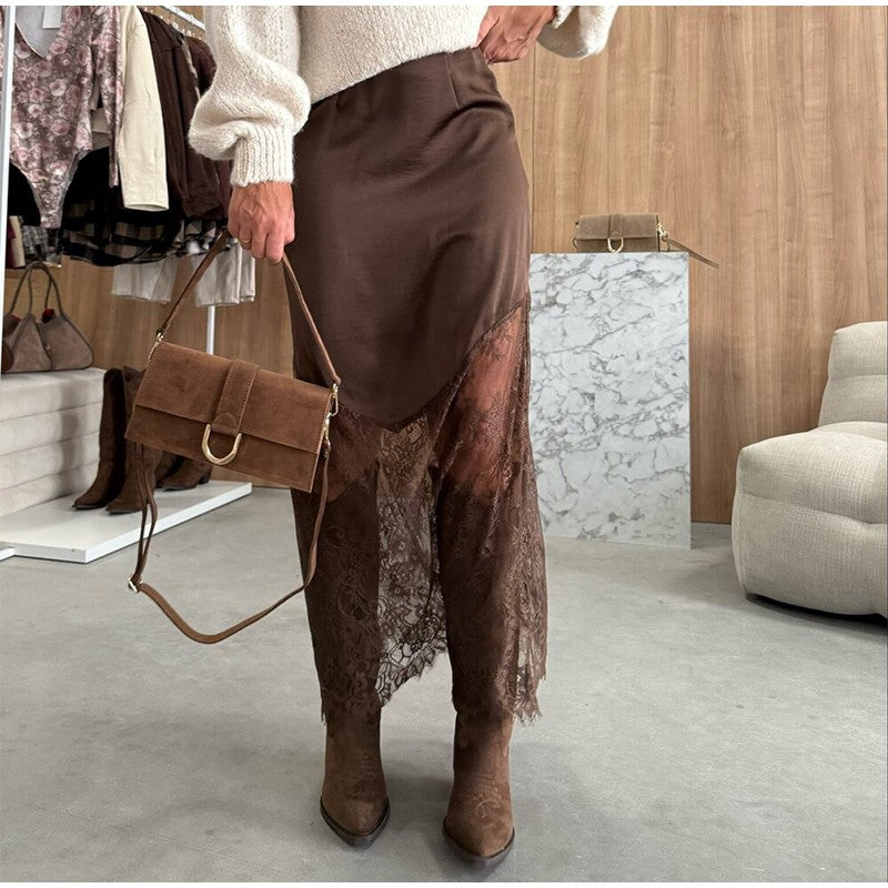 Sexy Lace Patchwork Long Skirt Women Elegant Fashion Solid Waist Cinched Mid-length Bottom Lady 2025 Party Daily Street Skirts