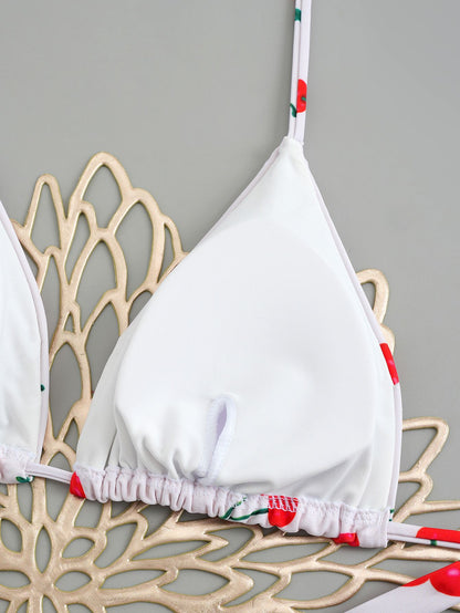 Sexy Cherry Print Triangle Brazilian Bikini Push Up Swimsuit 2 Piece String Bandage Bikinis Swimwear Women Thong Bathing Suit