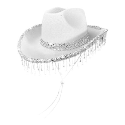 31BB Western Bridal Accessory Rhinestones Studded Tassels Lace Cowboy Hats Panama Hat Photography Props