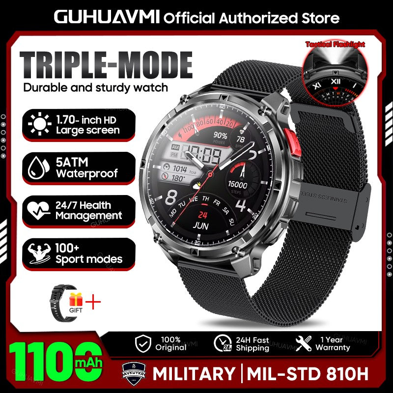 2026 New 1.7-inch Military sports SmartWatch 1100mAh large battery Outdoor compass flashlight 5ATM waterproof BT Call SmartWatch