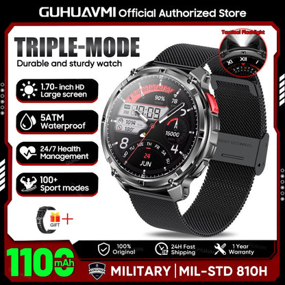2026 New 1.7-inch Military sports SmartWatch 1100mAh large battery Outdoor compass flashlight 5ATM waterproof BT Call SmartWatch