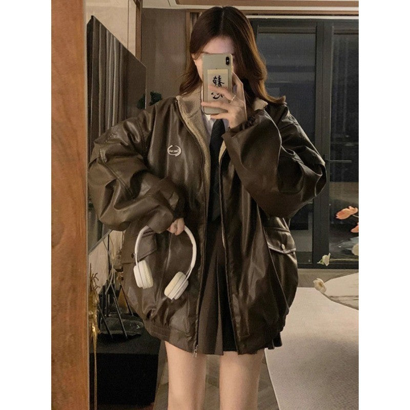 Maillard Fashion PU Leather Jacket With Lambswool Coat Both Sides Female Y2K Winter New Velvet Locomotive Cotton-padded Jacket