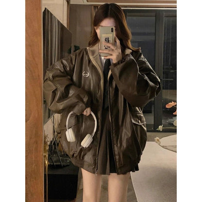 Maillard Fashion PU Leather Jacket With Lambswool Coat Both Sides Female Y2K Winter New Velvet Locomotive Cotton-padded Jacket