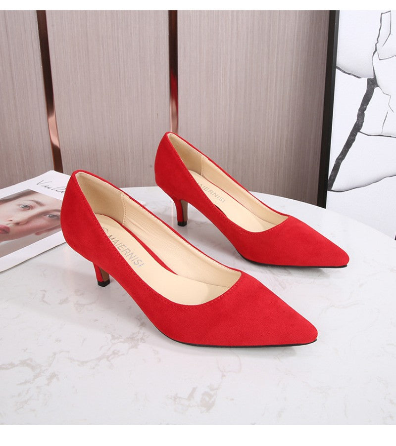 European American Fashionable Pointed High Heels Women With Rhinestone Bows Shallow Mouth Mid-Heeled Single Shoes Silk Satin