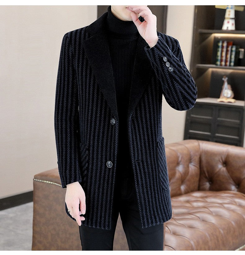 Classic Autumn Winter Men's Mid-Length Woolen Coats Casual Striped Overcoat Outwear Windbreaker Business Warm Long Jackets