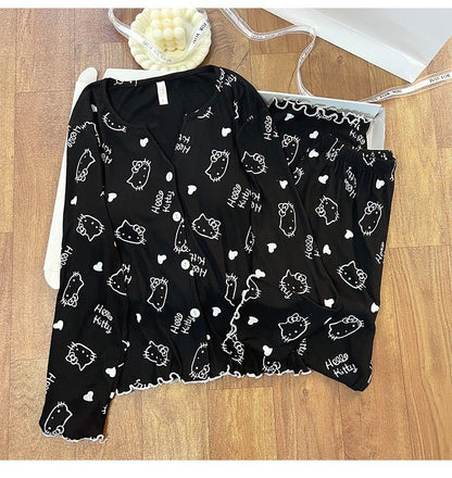 New Women Hello Kitty Pajamas Set Long Sleeve V-Neck Cardigan and Pants Cute Cartoon Homewear Sleepwear Loungewear Spring Autumn