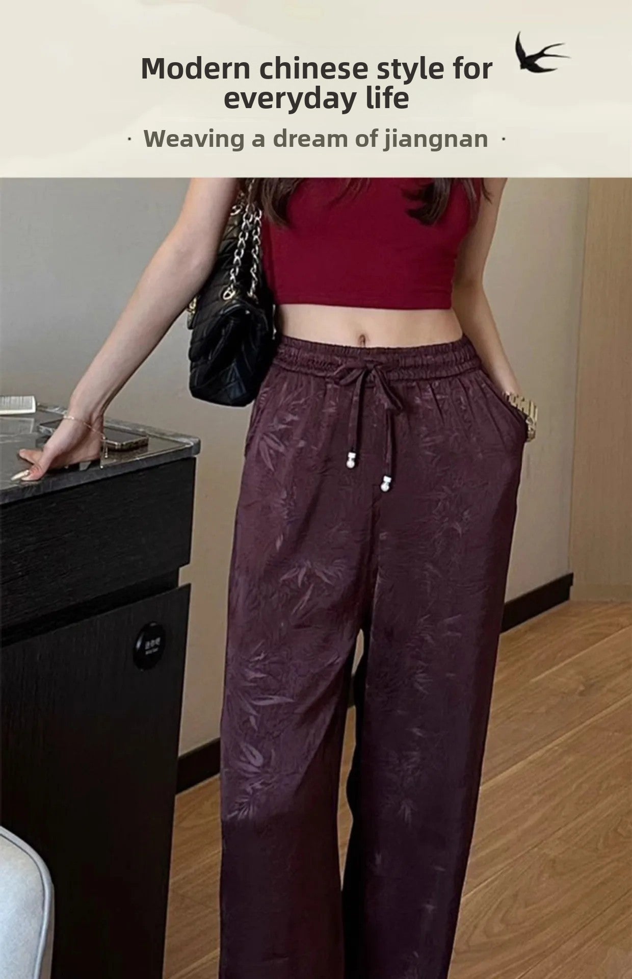 Plus Size Acetate Wide Leg Pants Women's Spring Autumn National Style Print High Waist Slimming Drapey Cool Large Size Women'...