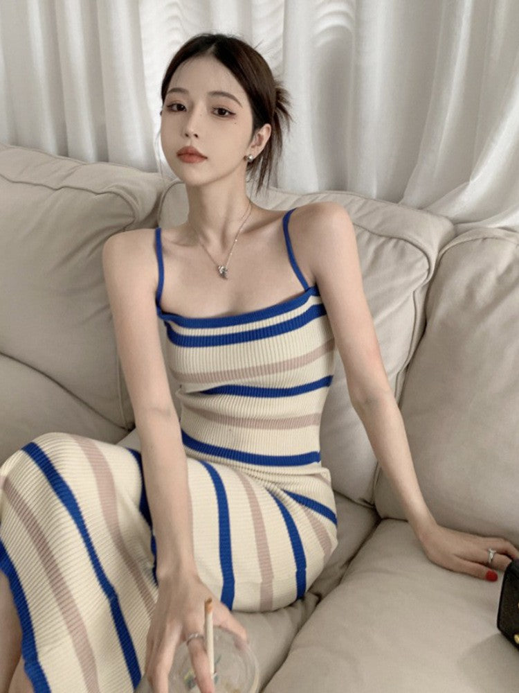 Elegant Camisole Dress Women's Summer New Sleeveless Slim Knitted Striped Midi D