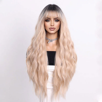 Peruca Ondulada Front Lace com Franja Cabelo Cacheado Longo Para Mulheres Cosplay Perucas Sintéticas Resistentes Linha Capilar Natural Frontal Perucas Sem Cola
