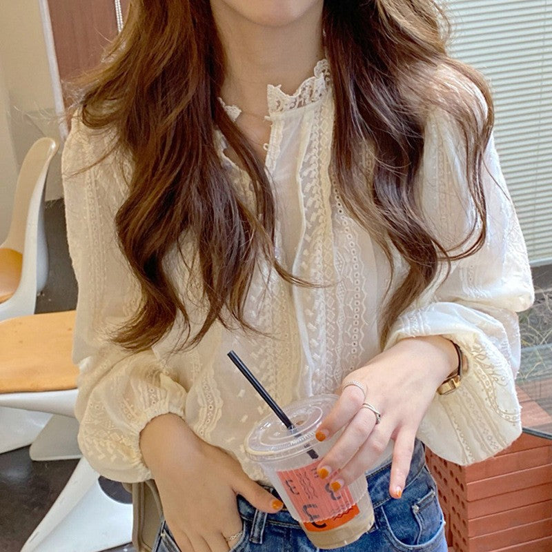 Autumn Lcae Embroidery Long Sleeve Women Blouses Office Lady ELegant Casual Button Shirts Sweet Clothing