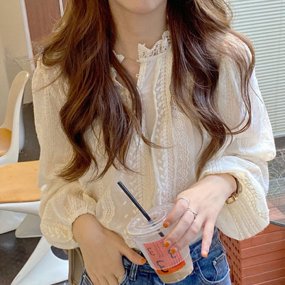 Autumn Lcae Embroidery Long Sleeve Women Blouses Office Lady ELegant Casual Button Shirts Sweet Clothing