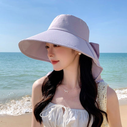 New Neck Protection Shawl Beach Cap Breathable Wide Brim Bucket Hat Bow Anti-UV Fisherman Hat Women