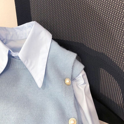 Japanese Women's Knitted Vest Shirt Two-Piece Set 2025 Spring Autumn Casual Side Buckle Vest Matching Long Sleeve Blouse