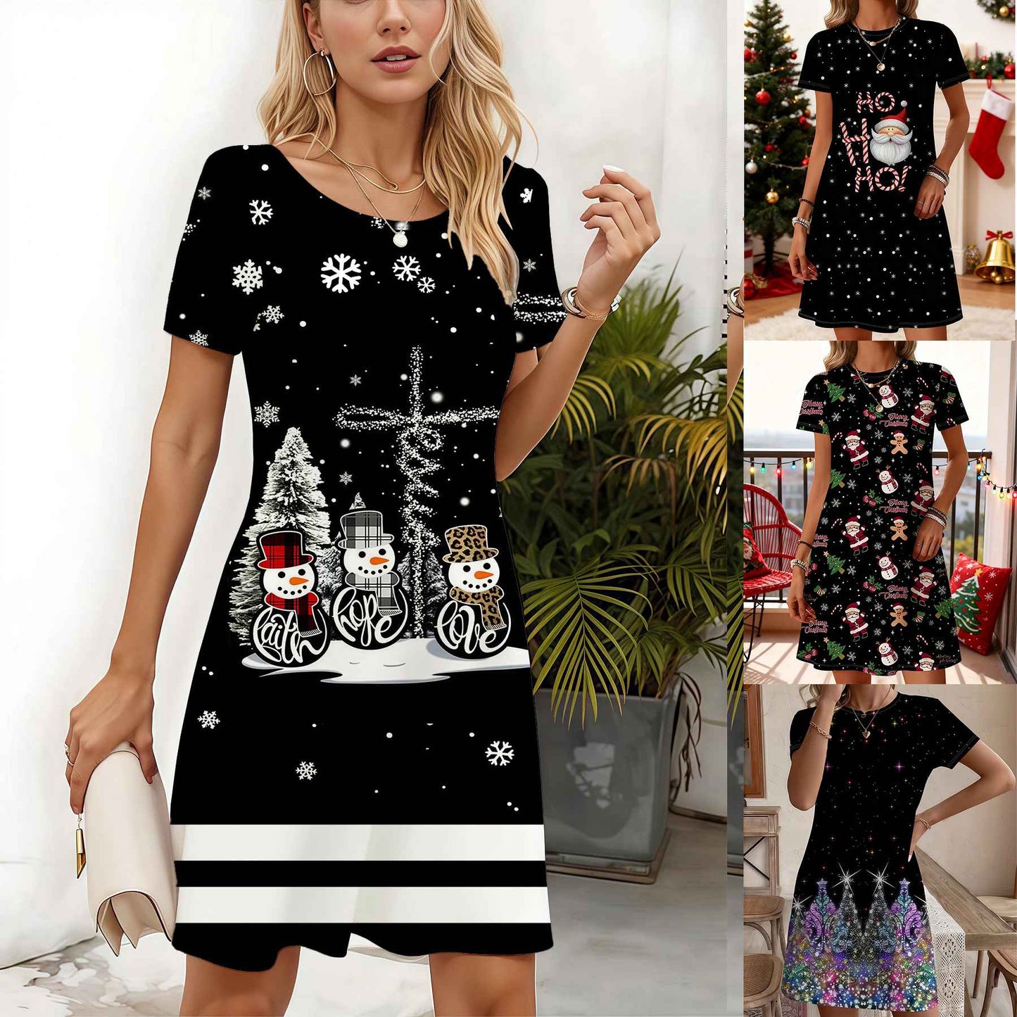 2025 New Snowman & Christmas Print Short Sleeve Dress Black with White Snowflakes & Red Hats Women's A-Line Dress Party Outfit