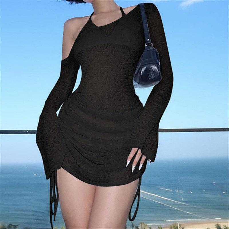 ALLNeon Fairycore White Perspective Oblique Shoulder Long Sleeve Mini Dress Hots