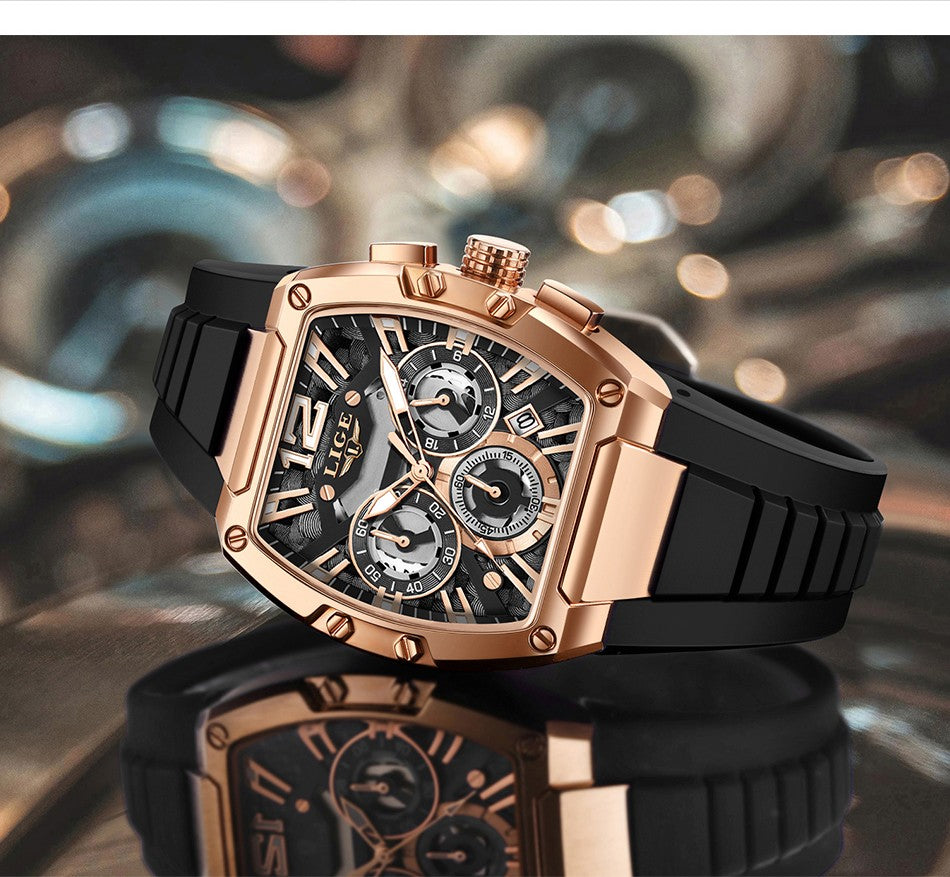 LIGE Sports Man Watch Tonnea Hollow Design Quartz Men Wristwatches Chronograph Waterproof Luminous Silicone Strap Watches Male