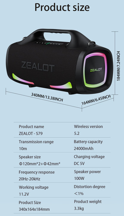 Caixa de Som Sem Fio Zealot S79 100W, Subwoofer Portátil para Exterior, Qualidade de Som Hifi, Pareamento Duplo, Carregamento Rápido, 24000mAh.