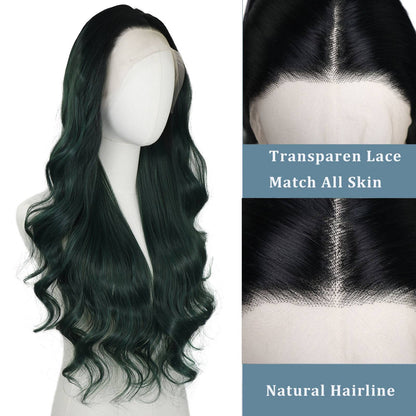 Ombre Verde Escuro Ondulado Perucas Sintéticas Raízes Escuras Cosplay Peruca Verde Renda Frente 13x4 Para Mulheres Pré-Arrancada Linha do Cabelo Natural