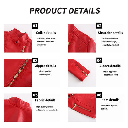 Women's Bright Red Lapel PU Jacket, Zippered Embellished Leather Jackets, Women Fashion Casual Coat of Female Outerwear