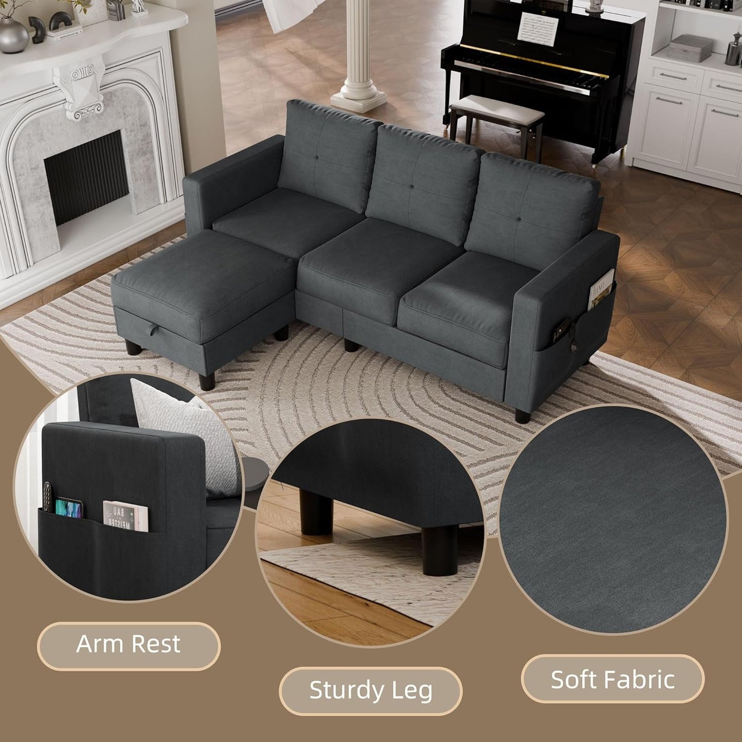 L-Shaped Couch 3 Seat Sofa Set with Linen Fabric and Ottoman Small Couch for Apartments, Black sofa set living room furniture