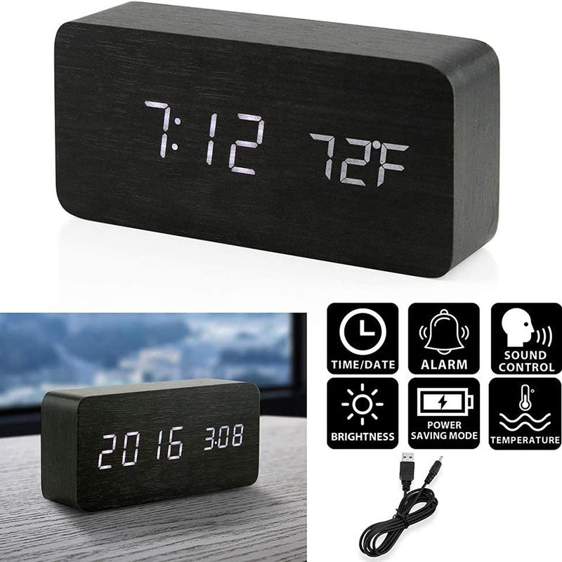Wooden Digital Alarm Clock, LED Alarm Clock with Temperature Desk Clocks for Office,Bedside Clock