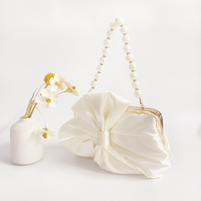 Fashion Bride Beige Women Satin Evening Banquet Clutch Bag Wedding Purse Party Bowknot Day Handbag Elegant Purse