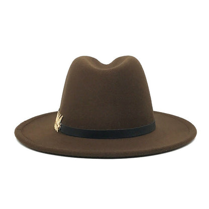Fedora men's fedora neutral wide brim jazz hat feather belt autumn and winter british vintage panama hat