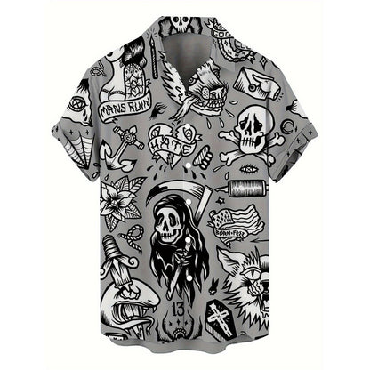 3D Skull Print Hawaiian Shirt, Street Gothic Style, Retro Fashion Flip-Top Shirt, Casual Summer Shirt, Beach Comics Shirt