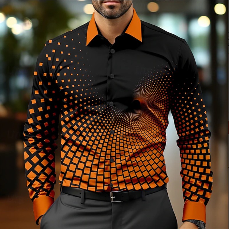 Men's Digital Dot Grid 3D Striped Printed Shirt Casual Breathable Flap Button Shirt Men's Formal Long Sleeve Shirt