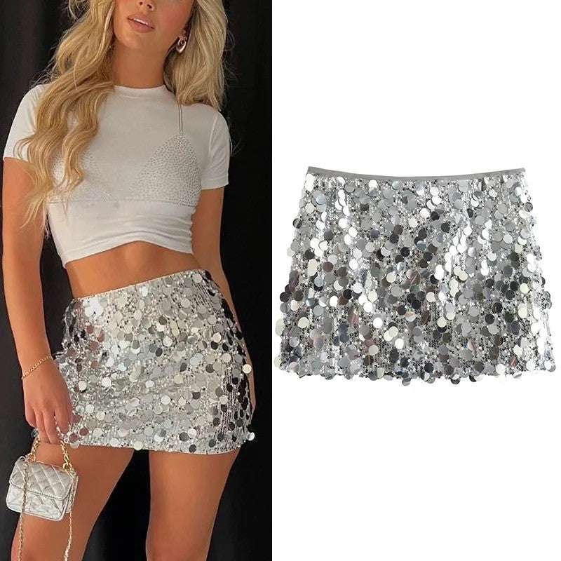 Silver Sequin Skirt Woman High Waist Mini Skirt Woman Fashion Shiny Glitter Eleg