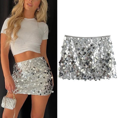 Silver Sequin Skirt Woman High Waist Mini Skirt Woman Fashion Shiny Glitter Eleg