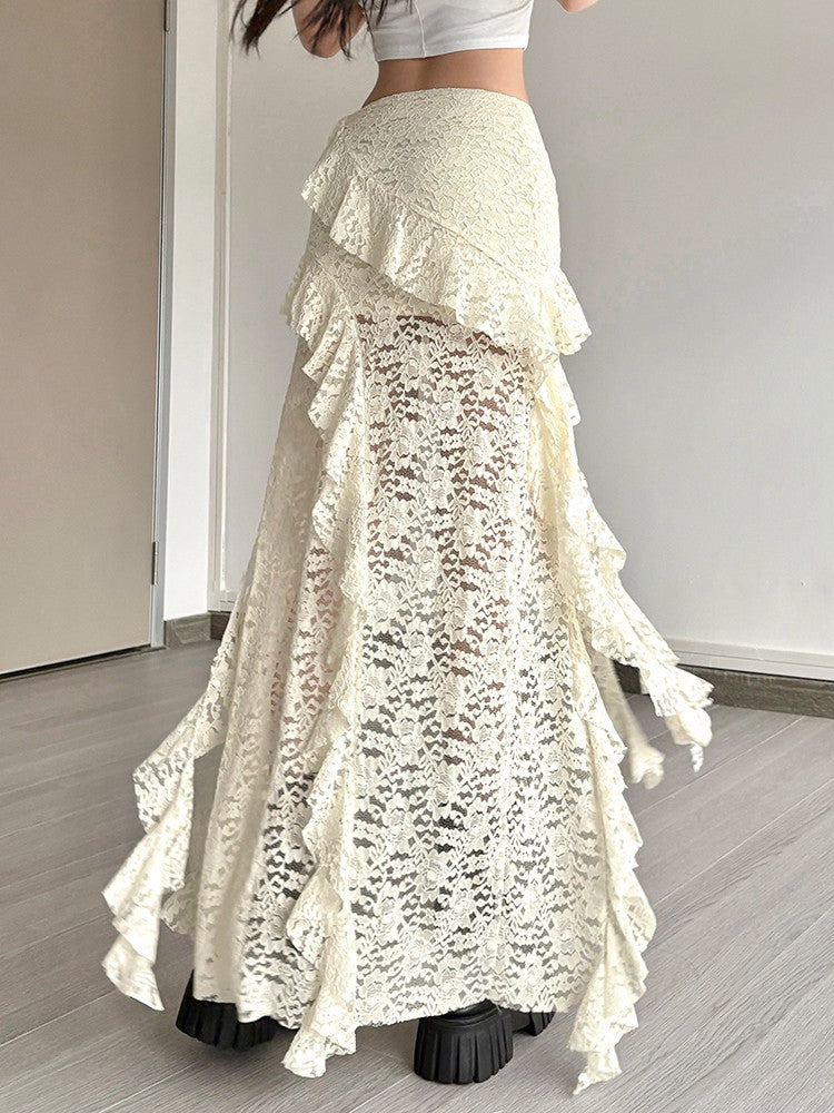 Nibber Tassels Women Skirts Irregular Hem Multi-Layered Ruffles Lace Patchwork S