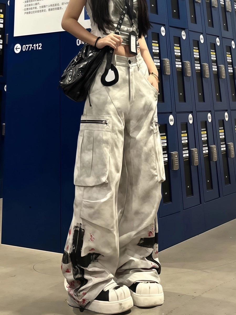 Women's White Zipper Graffiti Work Jeans Y2k 2025 American Retro Design Distressed Subculture High Waist Floor Mopping Trousers