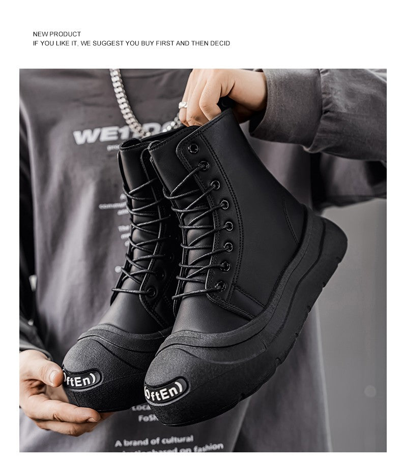 Large-size Autumn High-top Versatile Black Shoes, Men's Outdoor Anti-slip and Wear-resistant Casual Leather Boots