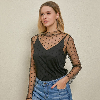 Women's Sexy Mesh Sheer Lace Blouses Perspective Long Sleeve Stand Collar Mesh Tops Striped Polka Dot Stars Party Tee Blouses