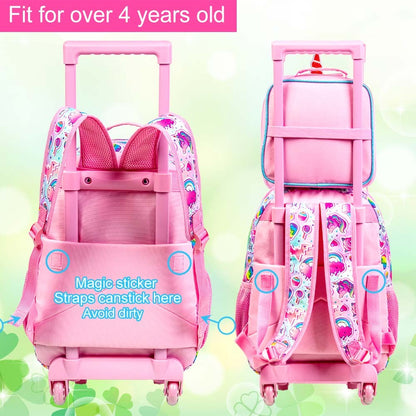 Mochila de Rodinhas de Unicórnio 3 Peças para Meninas, Mochilas Escolares Infantis com Rodas, Mochila de Rodinhas com Lancheira para Pré-Escolares e Ensino Fundamental