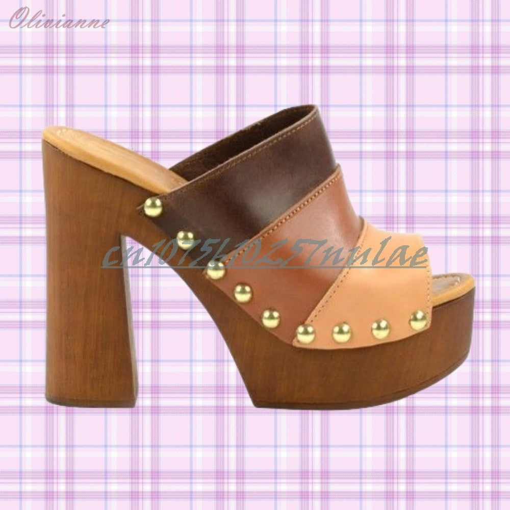 Mutilcolor Side Round Rivets Decor Slippers Peep Toe Chunky High Heel Elegant Retro Party 2025 Women Shoes Zapatos Para Mujere