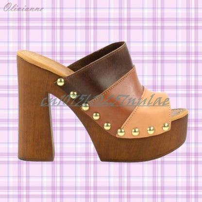 Mutilcolor Side Round Rivets Decor Slippers Peep Toe Chunky High Heel Elegant Retro Party 2025 Women Shoes Zapatos Para Mujere