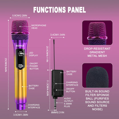 Sistema de Microfone Sem Fio para Karaokê e DJ, Profissional, 2 Canais, com Microfone Roxo Colorido e Receptor Sem Fio Recarregável para Festas e DJs