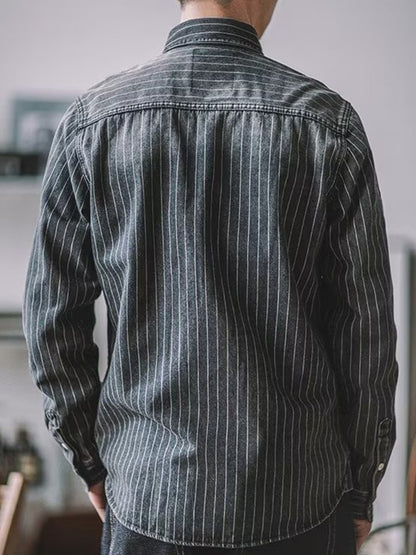 Streetwear Mens Denim Shirts Casual Long Sleeve Buttoned Lapel Striped Blouse Shirt For Men 2025 Spring Casual Cargo Shirt Tops