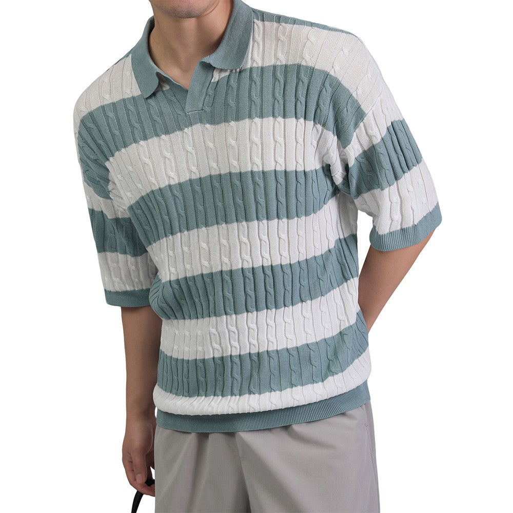 Men's Polo Short Sleeve Retro Knit Lapel Striped Short Sleeve Fashion Popular Knitwear Casual Breathable Top US Size