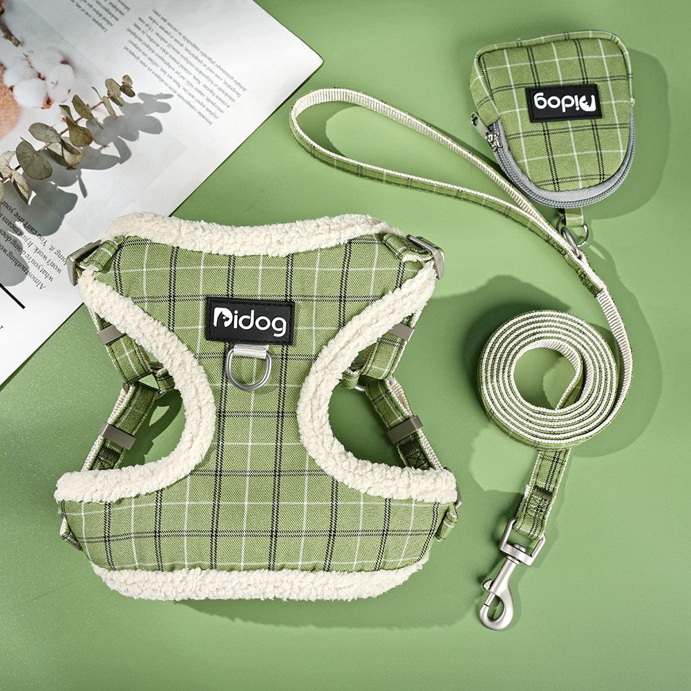 Conjunto de Coleira e Peitoral Respirável para Cães Peitoral de Pele para Cães Quente de Inverno Colete Corda para Passeio de Animais com Saco de Lixo para Cães Pequenos e Médios